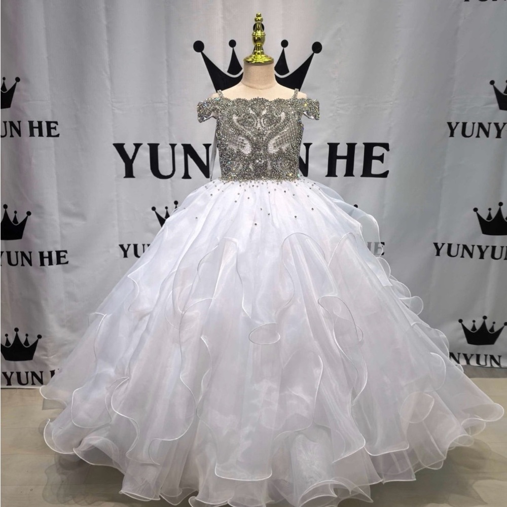 Elegant White and Silver Kids Formal Dress